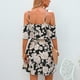 thumbnail image 3 of Vestido corto floral para mujer Ticfox Correa espagueti Hombro frío Elástico Cintura media Negro S, 3 of 6