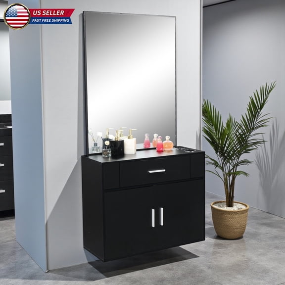 Hassch Wall Mounted Salon Styling Station with Mirror, Professional Hair Styling Cabinet with Drawer & 2-Door Storage, Barber Beauty Salon Shelf Organizer, Black
