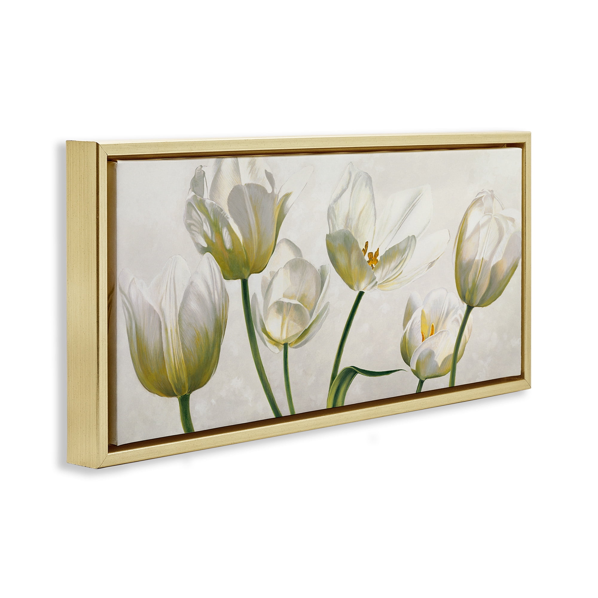 Stupell Industries Soft White Blooming Tulips Botanical & Floral Painting Gold Floater Framed Canvas Art Print Wall Art, 25 x 11