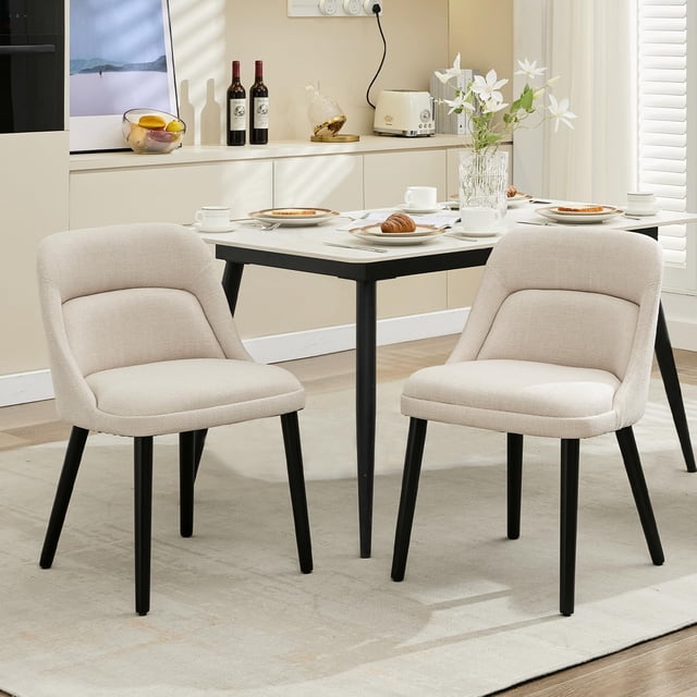 QinaQin Juego de 2 sillas de comedor tapizadas, diseño moderno mid century con tela tipo lino, respaldo alto y patas de madera, ideales para cocina, sala o restaurante