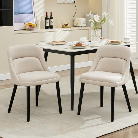 Accreate Set of 2 Upholstered Dining Chairs, Modern Mid-Century Accent, Padded Linen Fabric, Sturdy Wood Legs, High Back, 300 lbs Capacity, Kitchen, Dining Room, Living Room, Restaurant, Beige