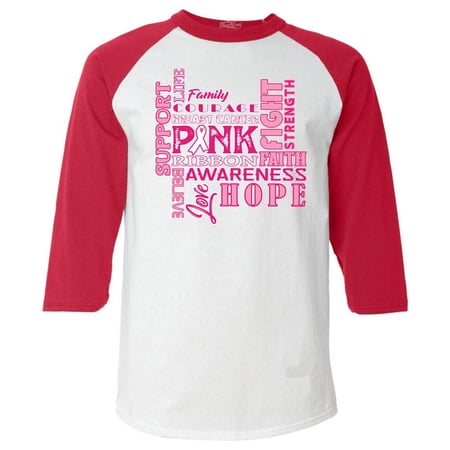 Shop4Ever Men s Breast Cancer Support Fight Ribbon Awareness Raglan Baseball Shirt X-Large White/Red