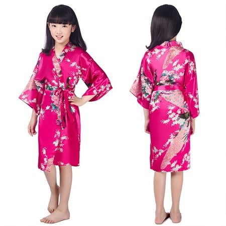 

WOLLED Kids Girls Silk Pajamas Toddler Baby Jumpsuit Bathrobe Youth Printed Bodysuit Sleepwear Girdle the Waist One-Piece Loungewear for 1-14Y