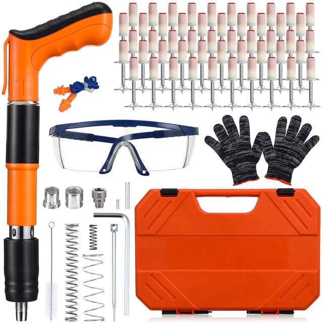 kit de pistola de clavos para hormigón, clavadora de velocidad ajustable de color naranja con mango ergonómico; vista frontal de la clavadora portátil (33 cm) junto a maletín naranja, gafas de protección, guantes, muelles, boquillas metálicas y filas de puntas para hormigón alineadas sobre fondo blanco; suitable para fijar cajas eléctricas y marcos en paredes de ladrillo y concreto.