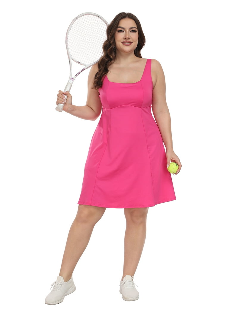 hot pink workout dress HDE Womens Plus Size Tennis Athletic Workout Dress with Built-in Shorts &  Bra Hot Pink - 26