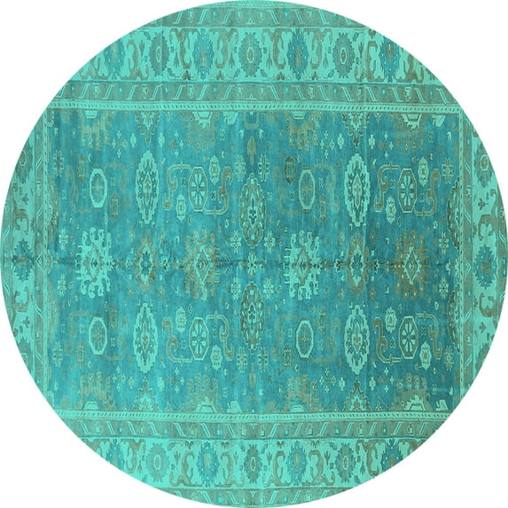 Ahgly Company Indoor Round Oriental Turquoise Blue Traditional Area Rugs, 7' Round