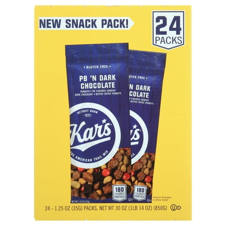 Kar’s Gluten-Free PB ’N Dark Chocolate Trail Mix, 1.25 oz, 24 Count – Peanut Butter Candy, Dark Chocolate, Toffee Peanuts Snack Packs