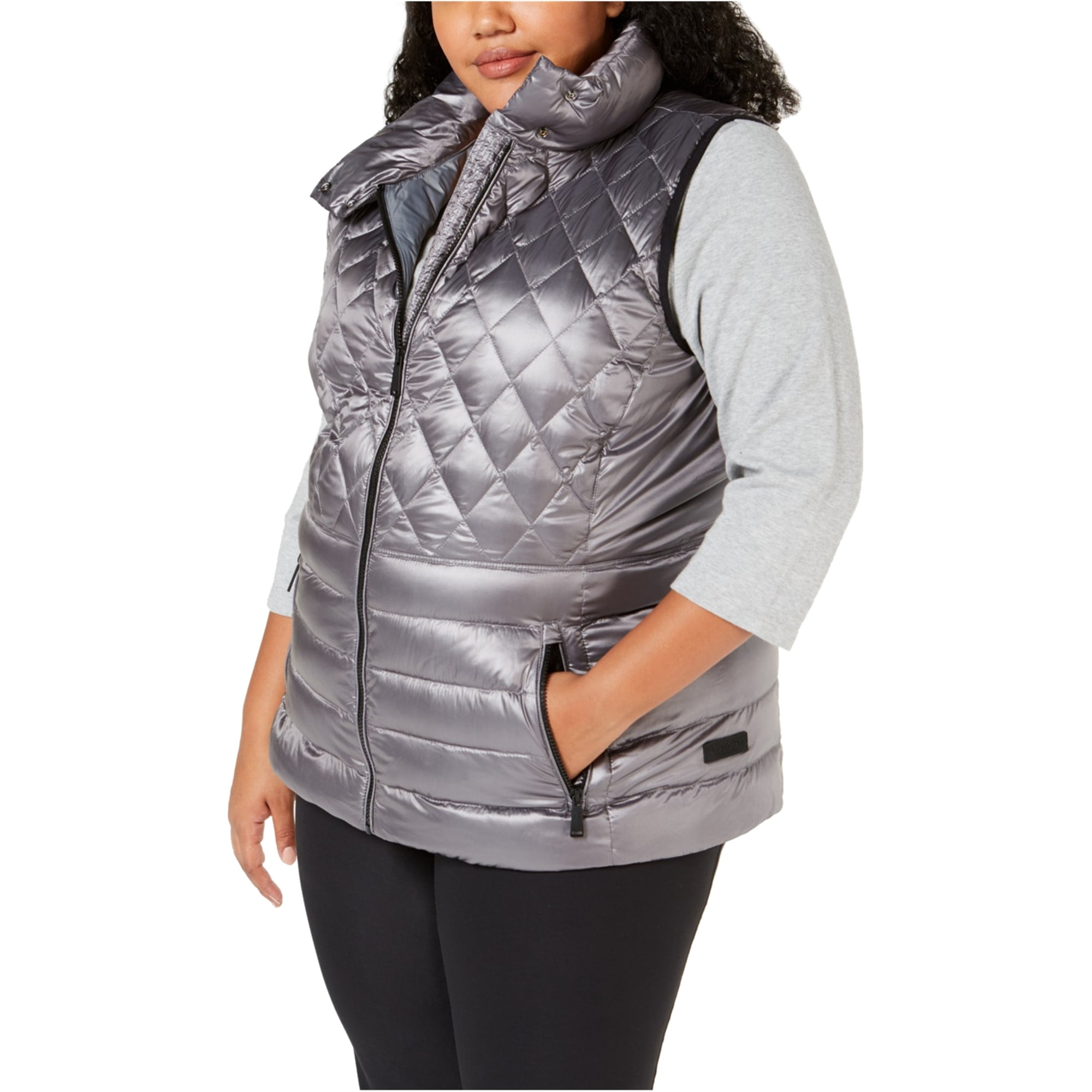 Calvin Klein Womens Premium Quilted Down Vest, Grey, 1X 