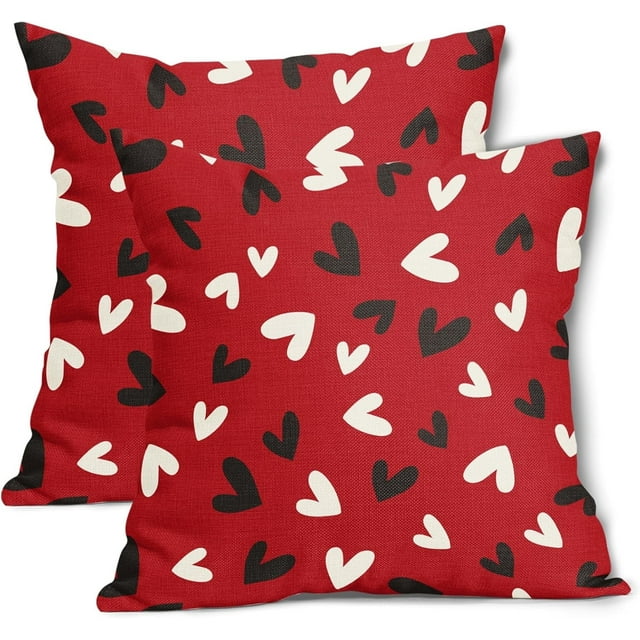 Housses de Coussin Rouges Joyeuse Saint-Valentin 20X20 Pouces Ensemble de 2 Housses de Coussin Décoratives Cœurs Noirs et Blancs Saint-Valentin Mariage Amour Décoration Maison Fête pour Canapé Porche Extérieur
