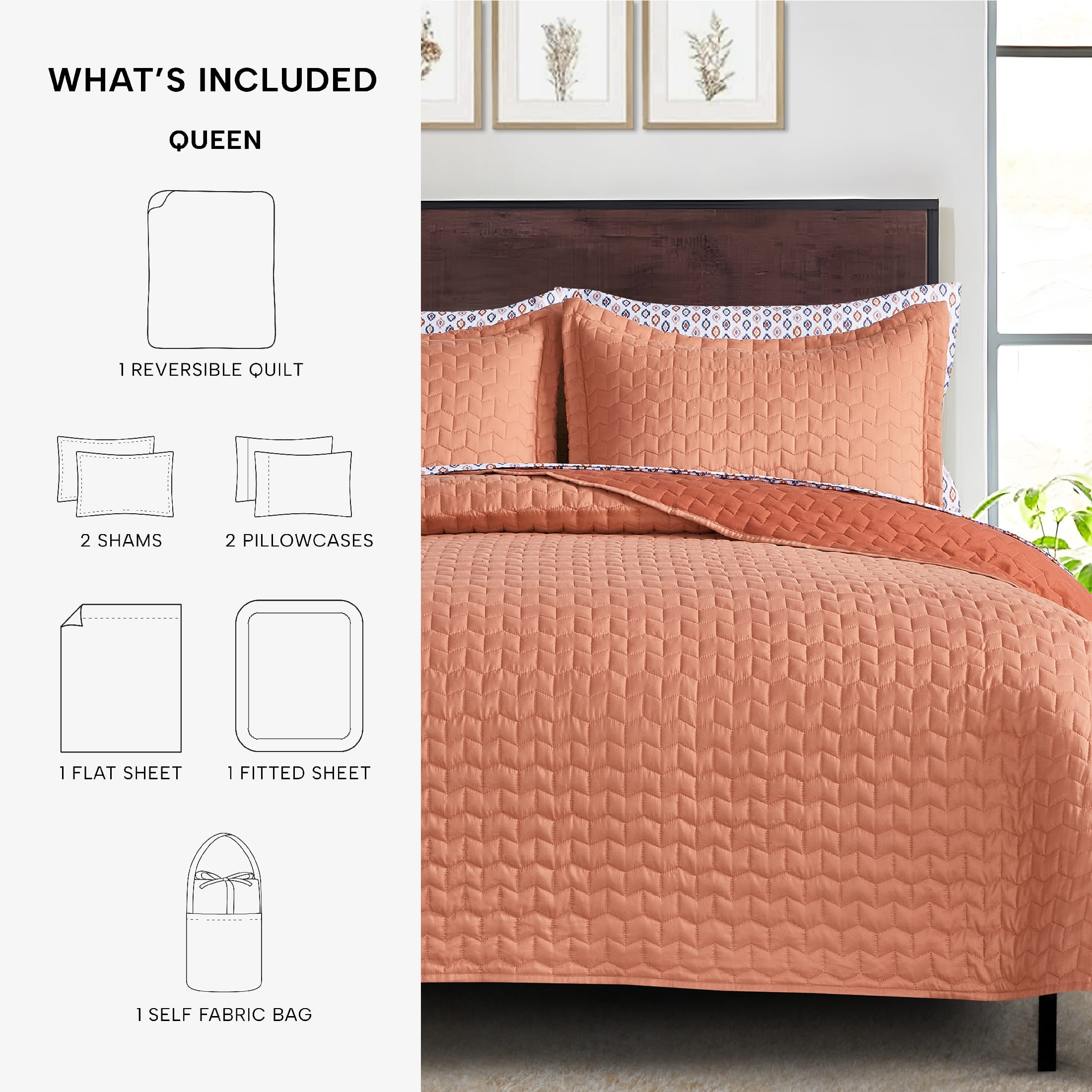 Mainstays All-in-One 7-Piece Quilt Set with Sheets, Queen, Coral