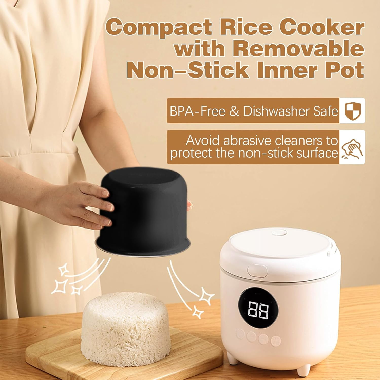 Rice Cooker with Timer for 1-2 People, 2-Cup Uncooked Capacity, 6 Modes for Rice & Oatmeal, Nonstick Pot