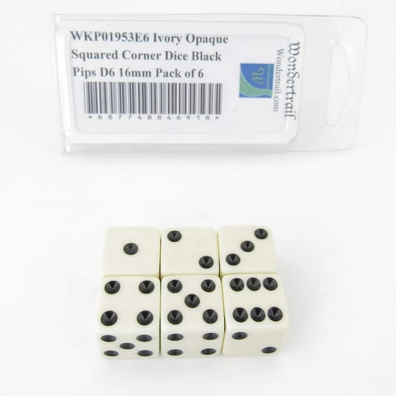 Ivory Opaque Squared Corner Dice Black Pips D6 16mm (5/8in) Pack of 6 Wondertrail