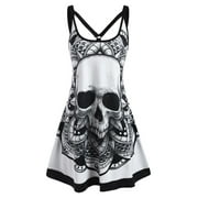Eurivicy Summer Women's Sleeveless Skull Print Tank Dress Fashion Ladies Casual Backless Gothic Dress Tank Tops Plus Size