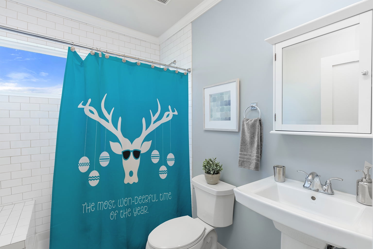 Simply Daisy 70" W x 73" L Cool Christmas Deer Polyester Shower Curtain, Turquoise [1 Ct]