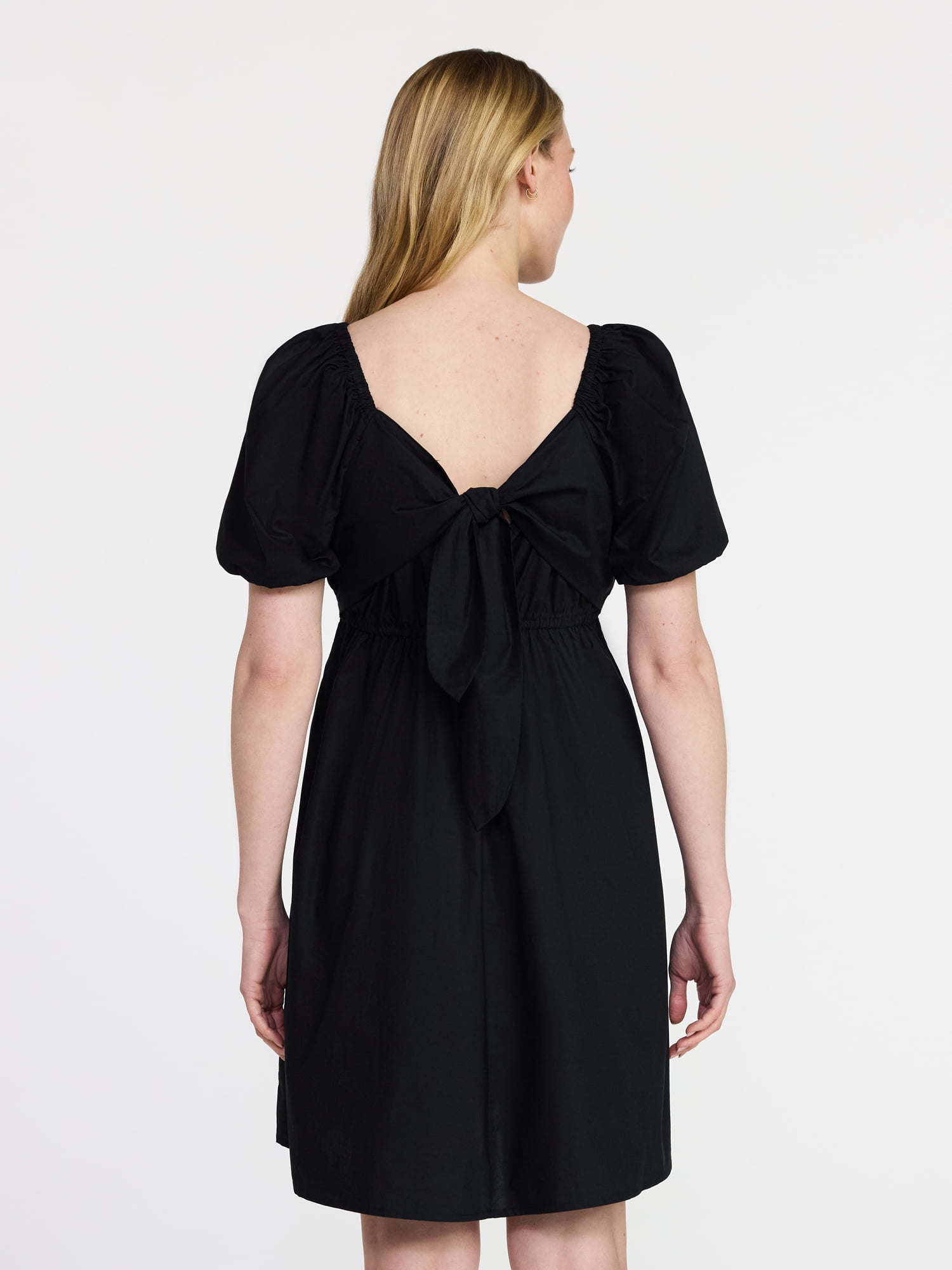 Time and Tru Women's and Women's Plus Tie Back Mini Dress with Puff Sleeves, Sizes XS-4X