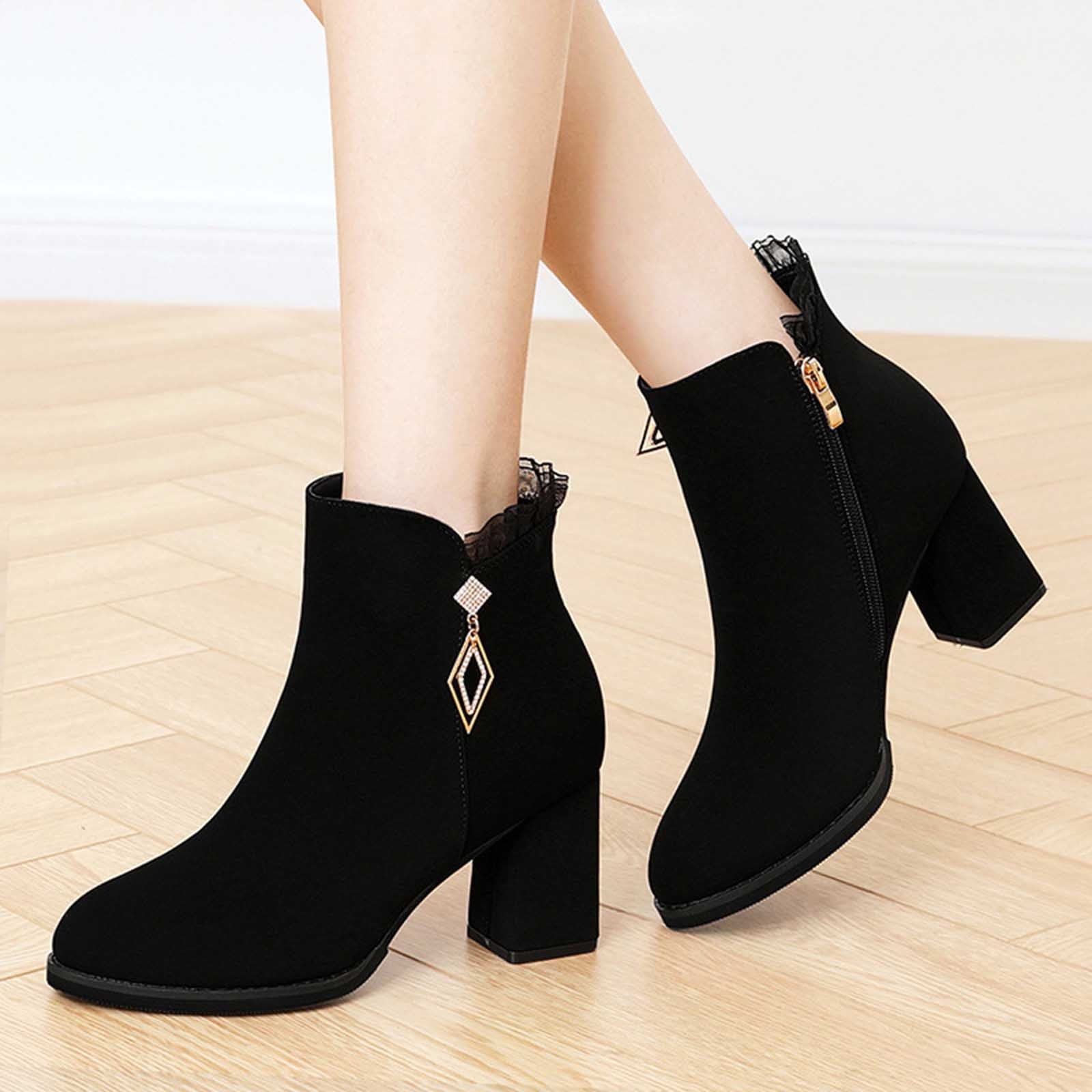 LSLJS Women's New Plus-size Suede High Heels Frosted Side Zipper Short Heel Chunky Ankle Boots
