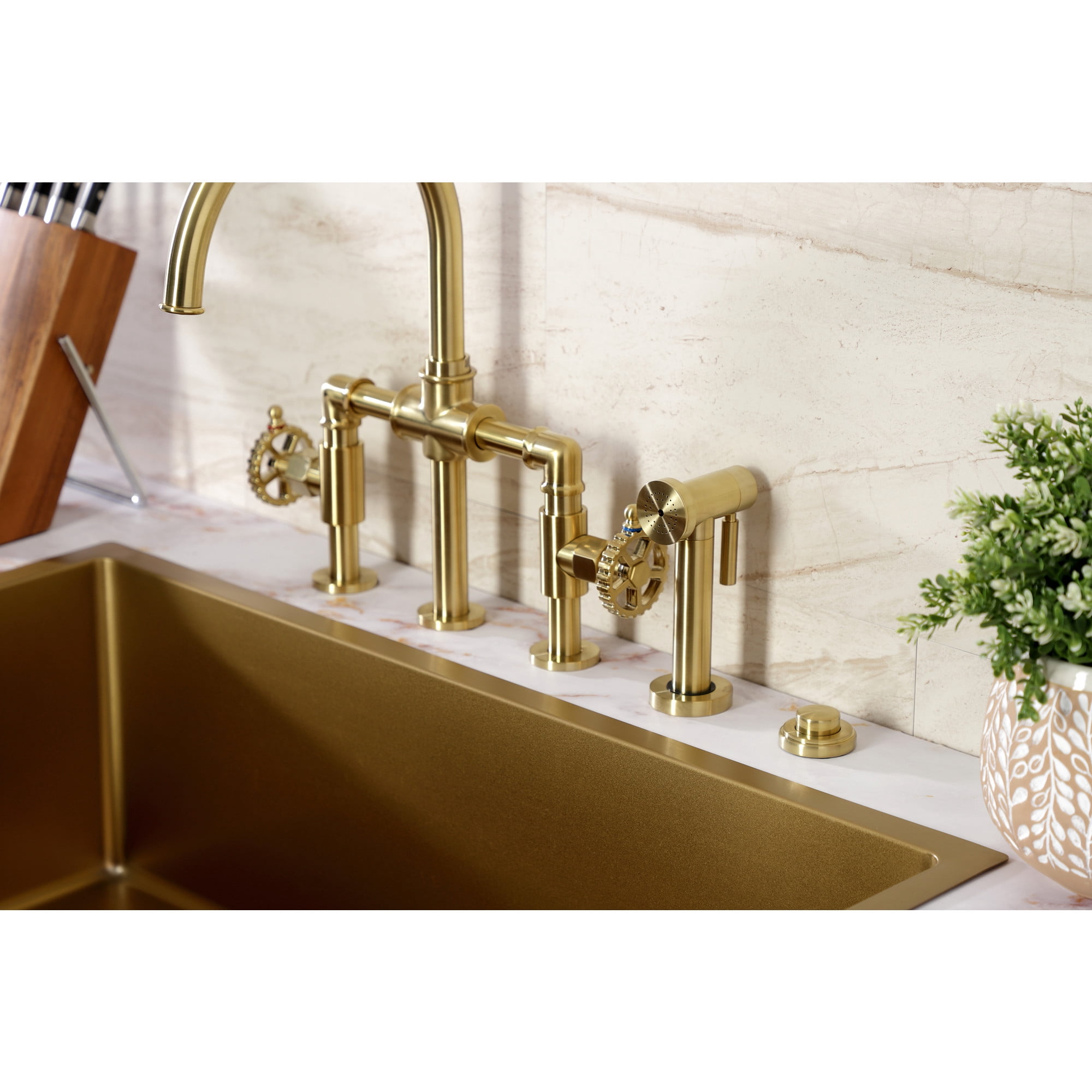 Kingston Brass KS2337CG Fuller Two-Handle 4-Hole Deck Mount Industrial Style Bridge Kitchen Faucet with Brass Side Sprayer in Brushed Brass