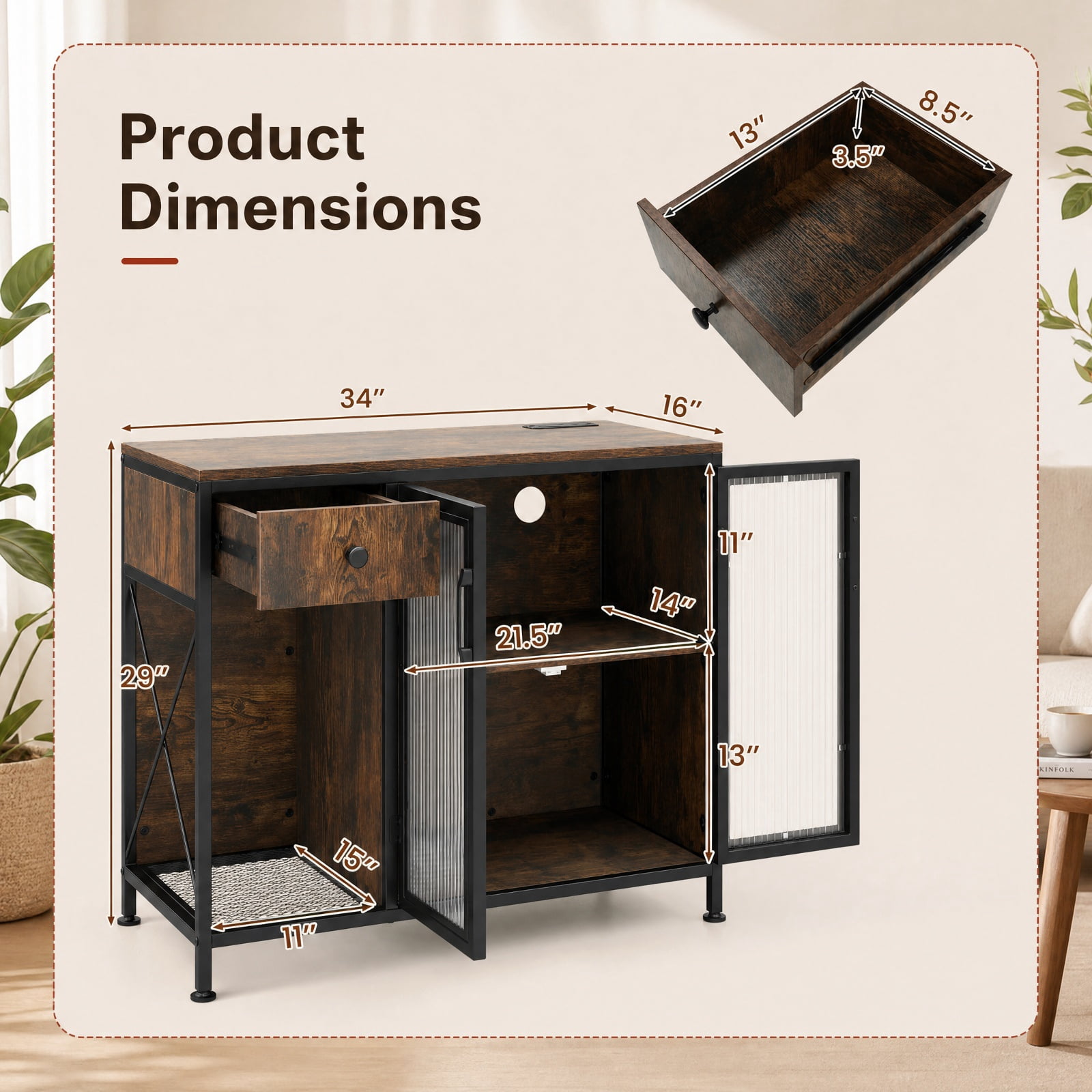 Furnibear Buffet Sideboard with Doors Power Outlets and LED Light for Kitchen Dining Living Room Buffet Storage Server, Rustic Brown