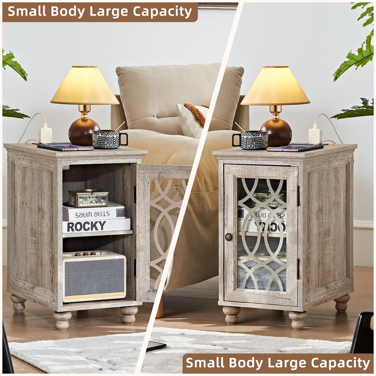 Narrow Side Table with Charging Station, End Table with Storage Night Stand with USB Ports and Outlets Small Wooden Cabinet for Living Room, Bedroom, Grey