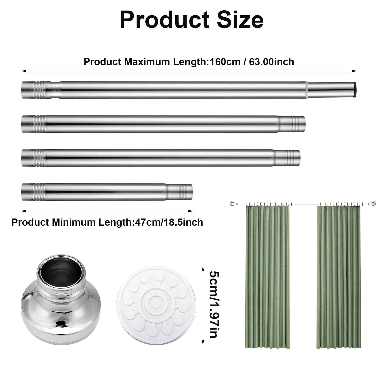 Bocaoying Adjustable Shower Curtain Rod, 18.5-63 Inch Tension Shower Rod for Bathroom, Heavy Duty Stainless Steel No Drilling Tension Rod, Easy Installation Shower Rod for Bathroom and Windows