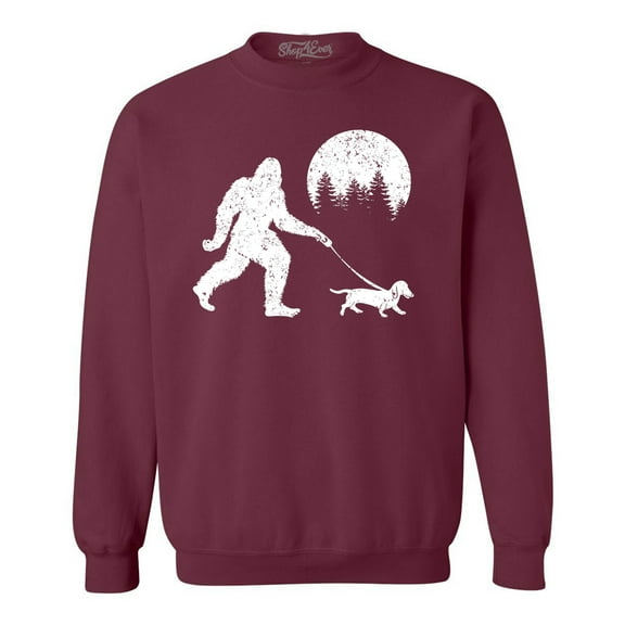 Shop4Ever Men's Bigfoot Walking Wiener Dog Funny Sasquatch Dachshund Crewneck Sweatshirt XX-Large Maroon