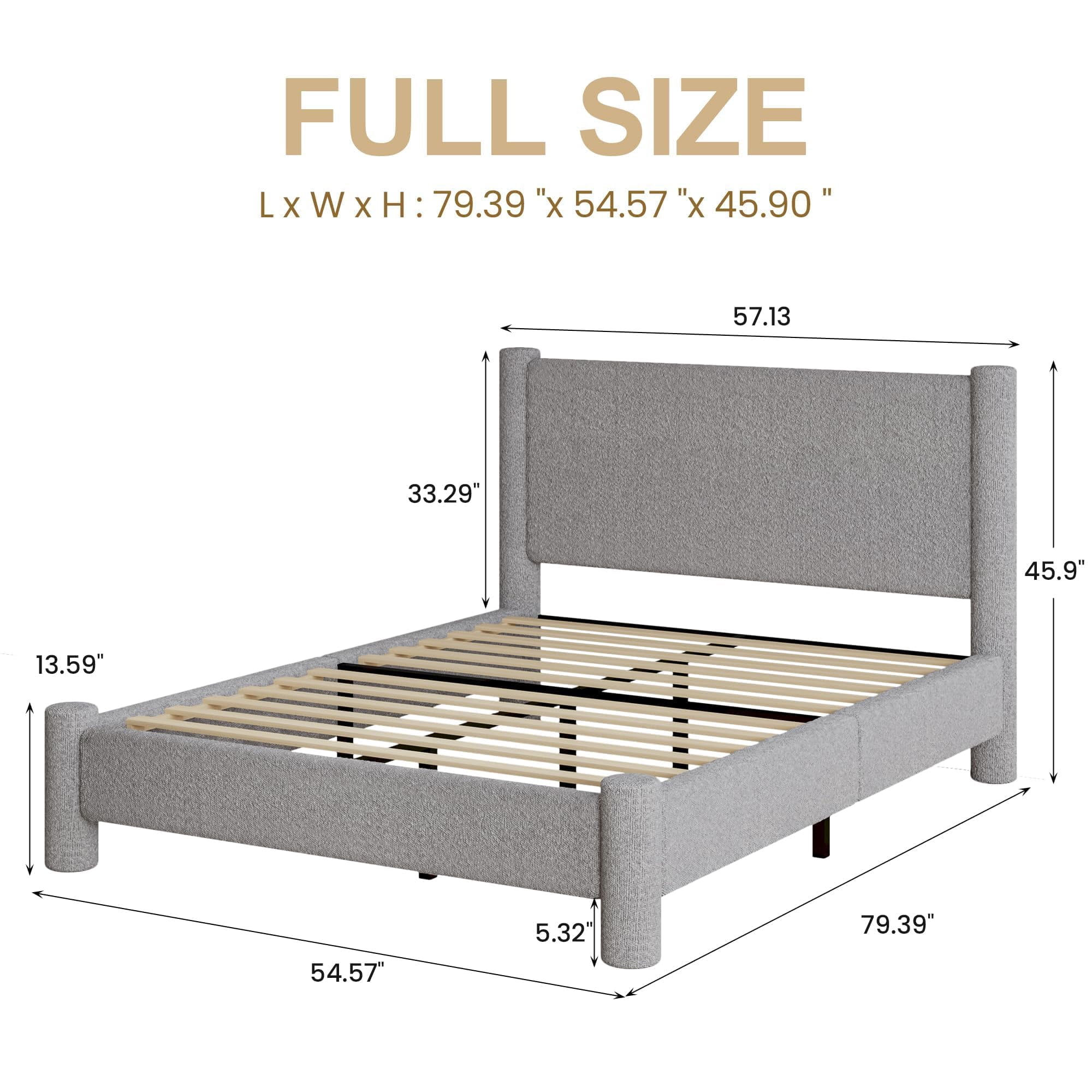4 EVER WINNER Full Bed Frame, Full Size Bed Frame, Upholstered Full Bed with Rounded Legs, Boucle Bed Frame with Headborad, Grey