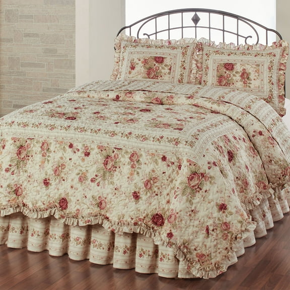 Heirloom Rose 4-Piece Queen Quilt Set, Vintage, Classic Floral Quilt with Shams
