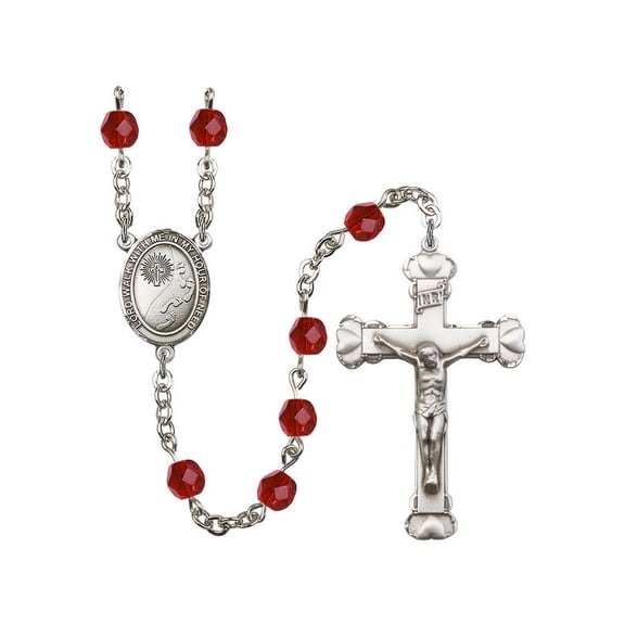 Footprints / Cross Silver-Plated Rosary 6mm July Red Fire Polished Beads Crucifix Size 1 5/8 x 1 medal charm