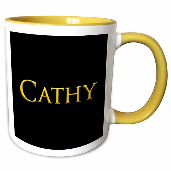 3drose, Cathy Common Woman Name in the America. Yellow on Black Charm, 11oz Two-tone Yellow Mug