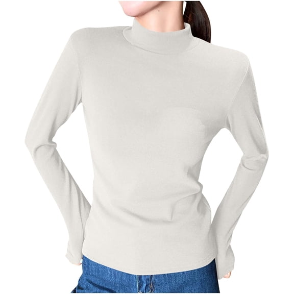 Vinsonshop Warm Thermal Shirts Women Long Sleeve Mock Neck Fleece Lined Base Layer Slim Fit Tops Cold Weather Beige L