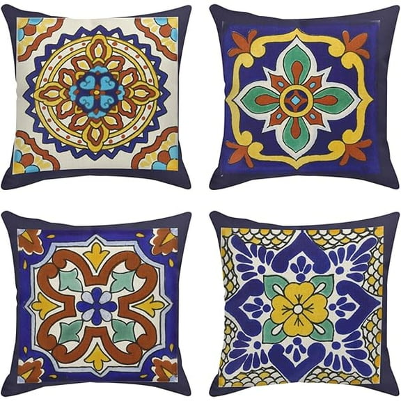 USBSO Set of 4 Ethnic Linen Throw Pillow Covers Spanish Talavera Exotic Geometry Dark Retro Floral Home Decorative 22"x22" Flax Pillow Cases Cushion Square Pillowcases