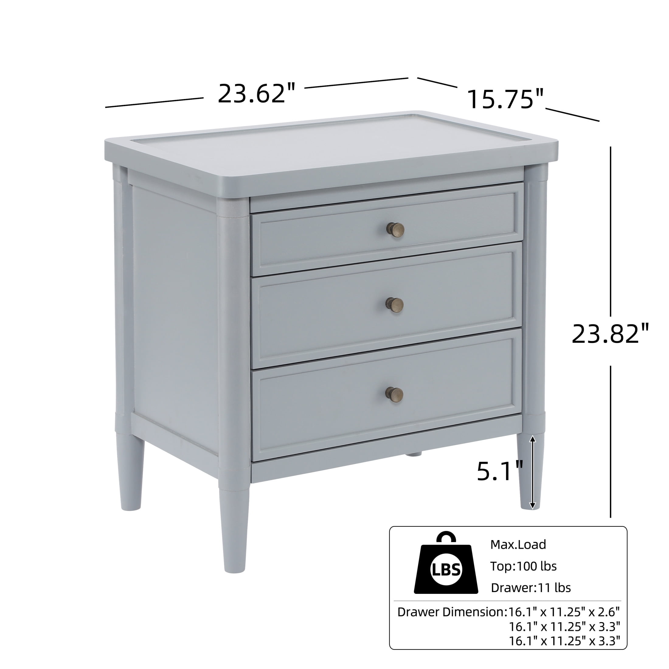 Christopher Knight Home 23.6"W Modern Nightstand with 3 Drawers, Bedside Storage Table, Light Gray