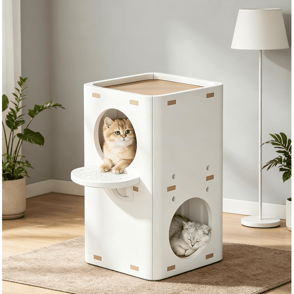 BORGEBY 2 Storey Cat House HDPE Multi Level Cat Condo with Jumping Platform for Indoor and Outdoor Small Medium Cats ,White