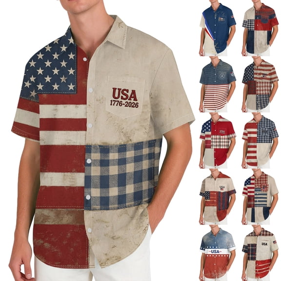 Youpwaven 250th Anniversary USA Shirt for Men, America 250 Merchandise Patriotic Button Down, 1776-2026 USA Flag Patchwork Casual Short Sleeve Top