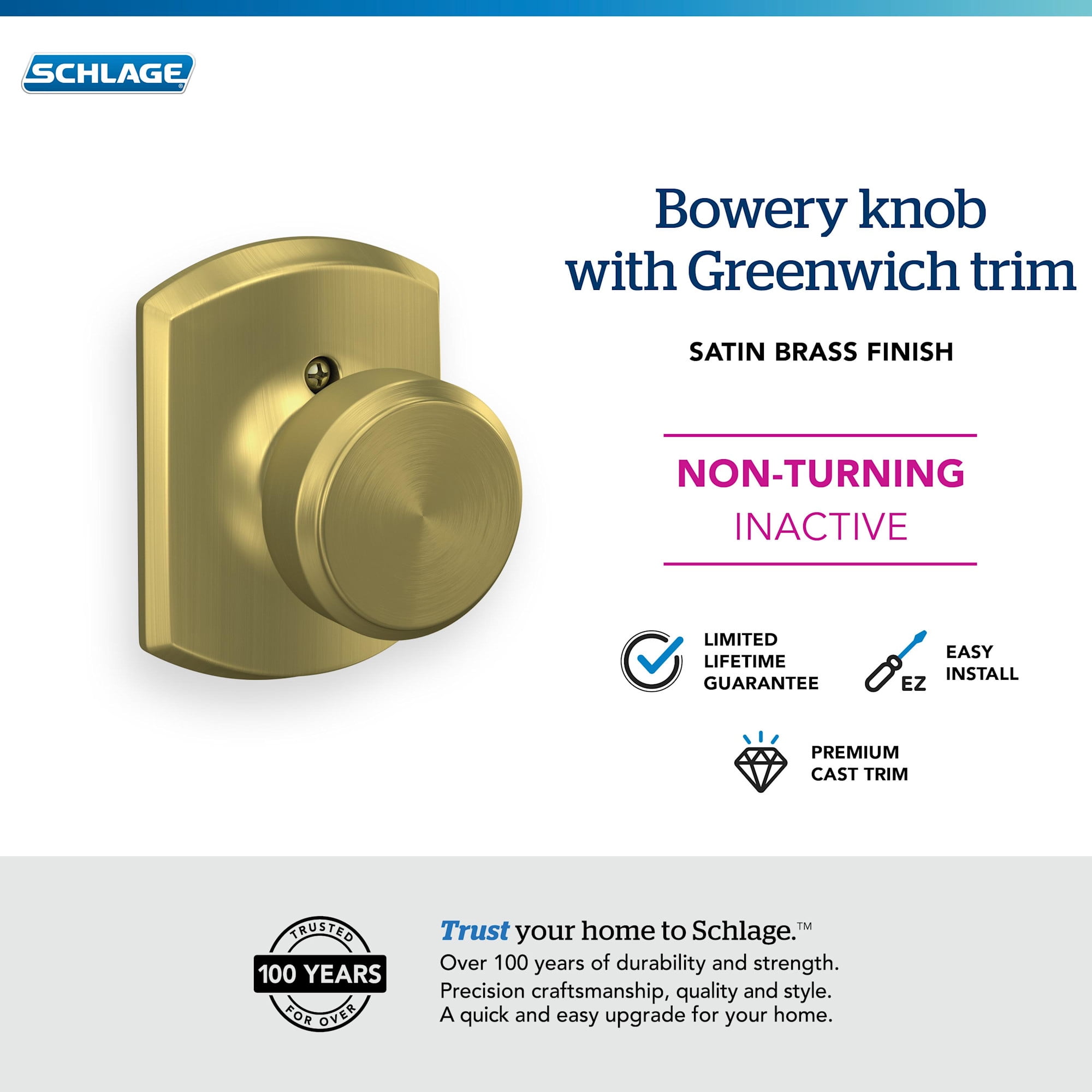 Schlage F170BWE622GRW Bowery Non-Turning One-Sided Dummy Door Knob - Black