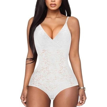 

Loday Lace Bodysuit Deep V Neck Shapewear Tummy Control Waist Trainer Sleeveless Camisole jumpsuit for Women (White S)