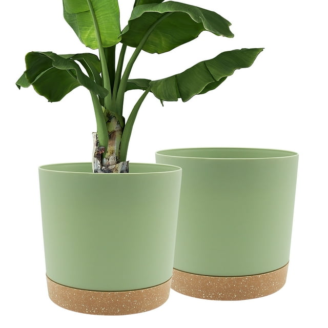 QCQHDU 2 Pack Plant Pot, Green Plastic Indoor Planter With Drainage Holes And Removable Base