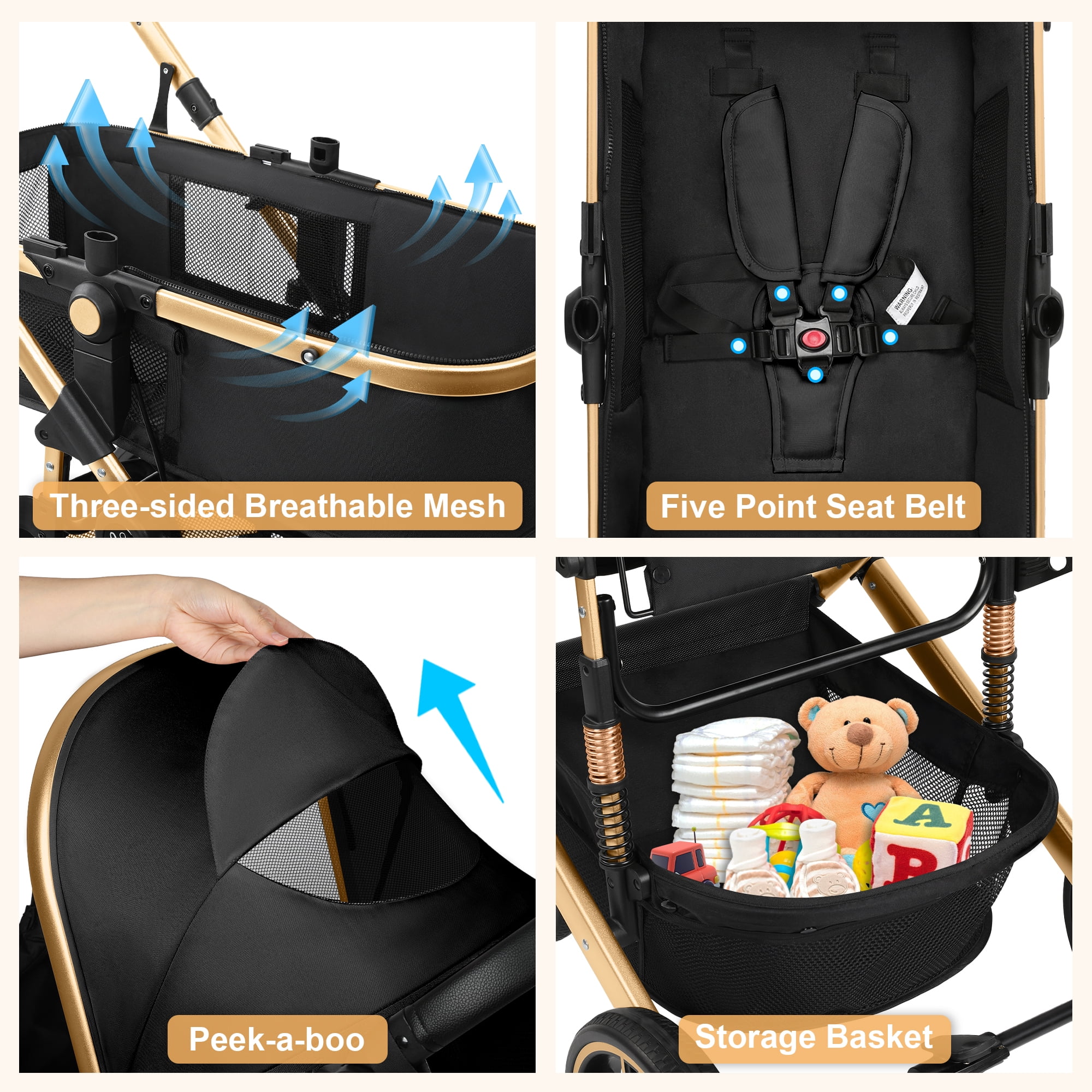 Vomeast Baby Stroller, Foldable Aluminum Alloy Stroller with Reversible, Travel Stroller for Newborn Infant, Black