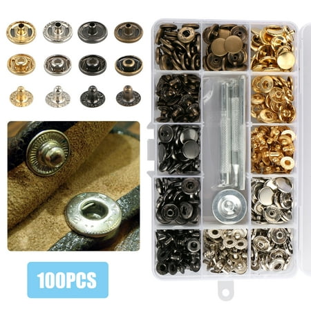 EEEKit 100 Sets Snap Fasteners Kit (12.5mm) ,  Metal Snap Buttons Press Studs with 4 Pieces Fixing Tools, 4 Colors for Leather, Coat, Down Jacket, Jeans Wear and Bags