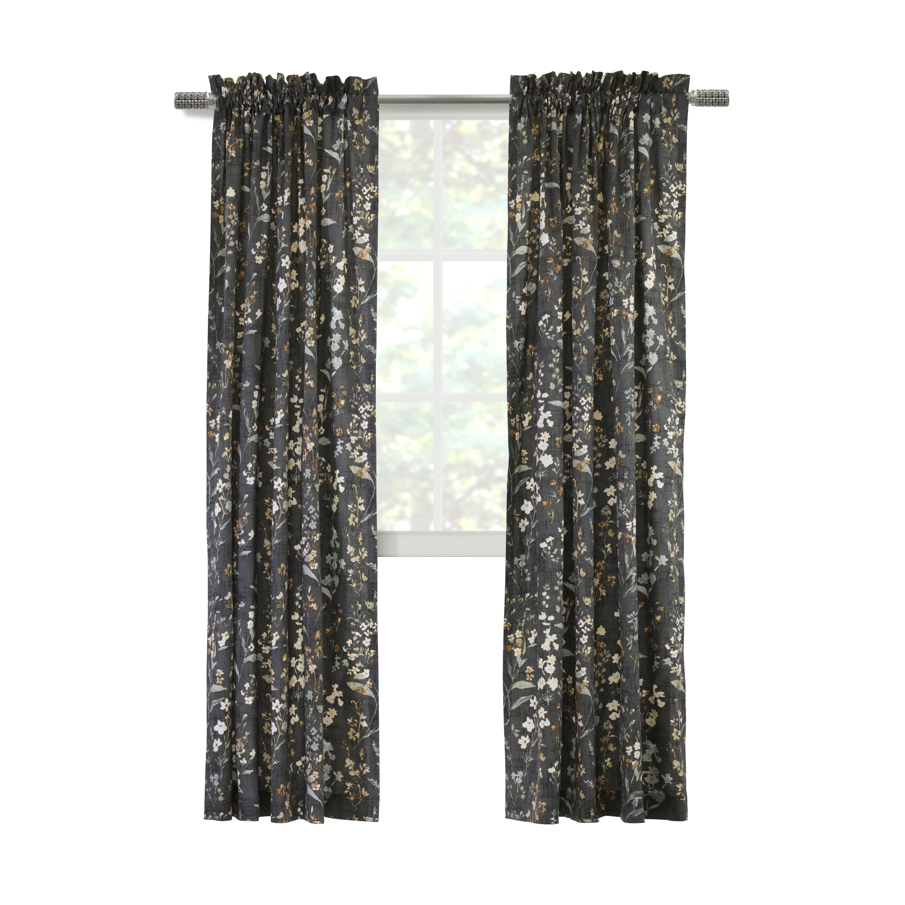 Rosie Textured Cotton Floral Print Curtain Panel - Pair each 50" x 84" in Dark Grey