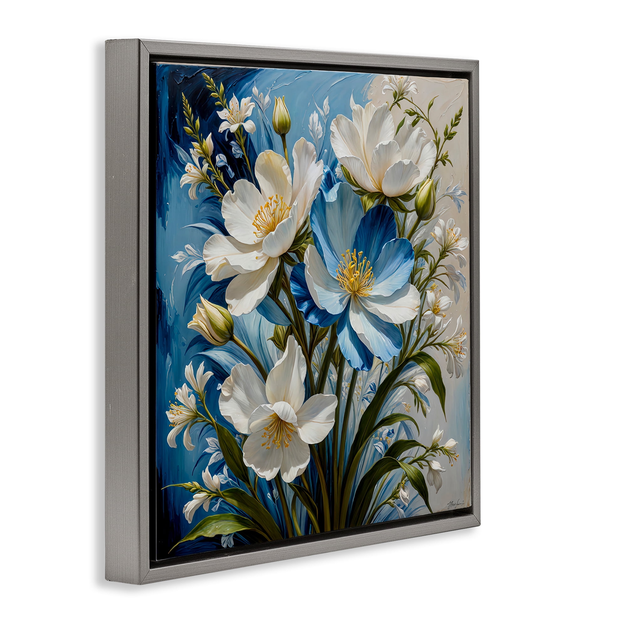 Stupell Industries Curling Floral Petals on Blue Plants & Flowers Painting Gray Floater Framed Canvas Art Print Wall Art, 25 x 25