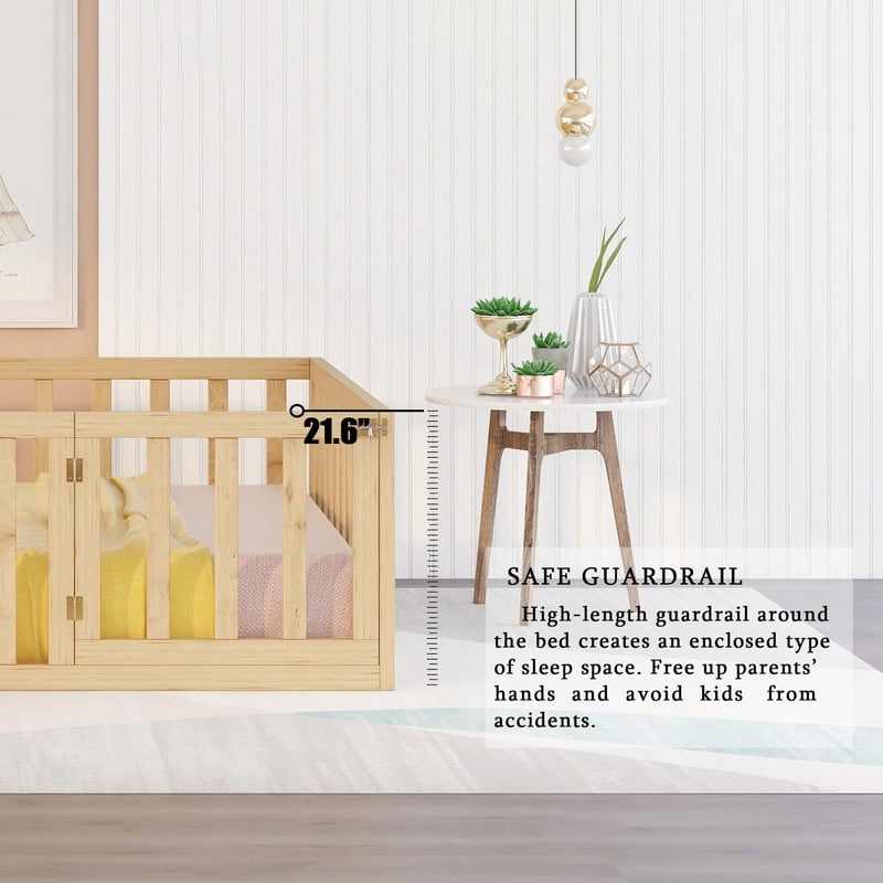 Full Size Wood Floor Bed with Door & Fence, Montessori Bed Frame with Full Length Safety Guardrails, Wood Full Bed with Slats, No Box Spring Needed- Natural