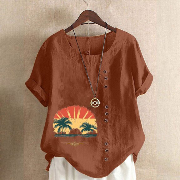 QUNYINEY Short Sleeve Womens Tshirts Hawaiian Casual Crew Neck Tops Linen Loose Button Pullover Shirts