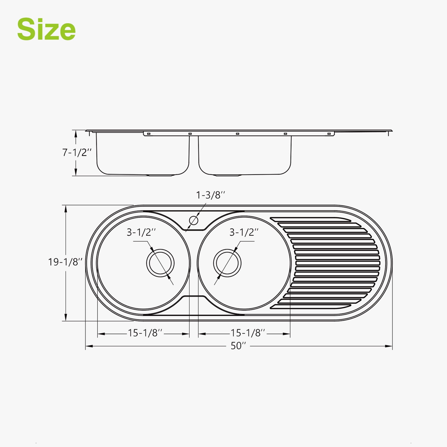 Naiture Double Bowl Stainless Steel Kitchen Sink, Oval Drop-In Top Mount Sink, 50" X 19" with Right Drainboard and Single Faucet Hole
