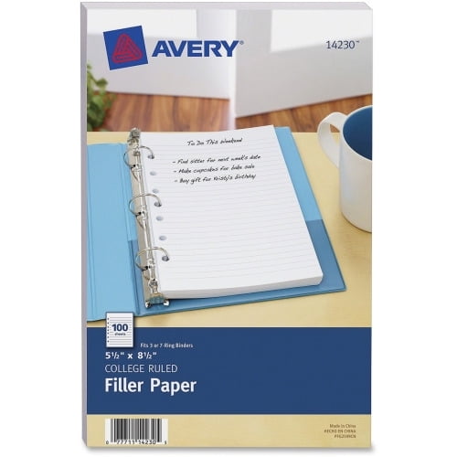 Avery Filler paper for 3-Ring/7-Ring Mini Binders College Ruled - 7 Hole(s) - 5 1/2' x 8 1/2' - White Paper - Mediumweight - 100 / Pack