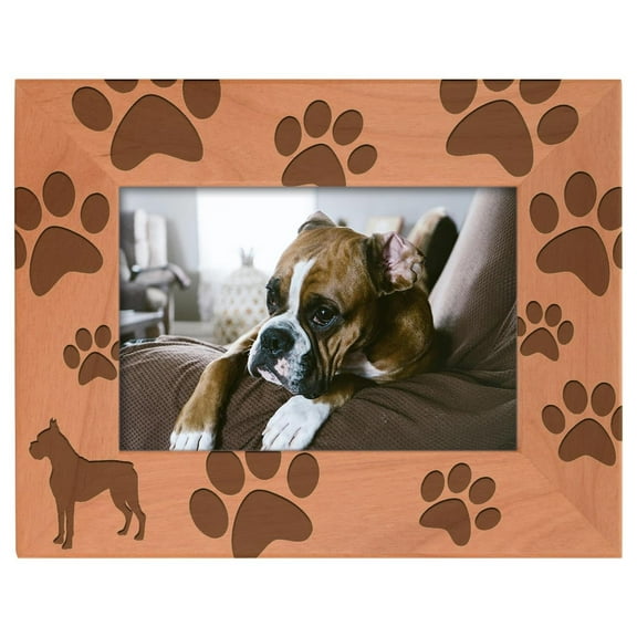 ThisWear Dog Lover Gift Boxer Silhouette Paw Prints Natural Wood Engraved 4x6 Landscape Picture Frame Wood