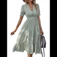 thumbnail image 2 of Vestido de Verano para Mujer, con Mangas Abullonadas y Volantes, Cuello en V, Cintura Alta, Informal, Holgado, A Rayas, Midi Verde L, 2 of 9