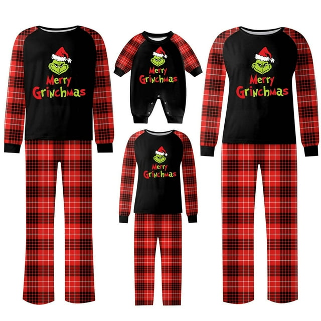 Conjuntos de pijamas navideños familiares a juego Grinch 2024, pijama de Grinch con parte superior y pantalones de pijama a cuadros, pijama de Grinch para niños y adultos para la familia, Mujer L
