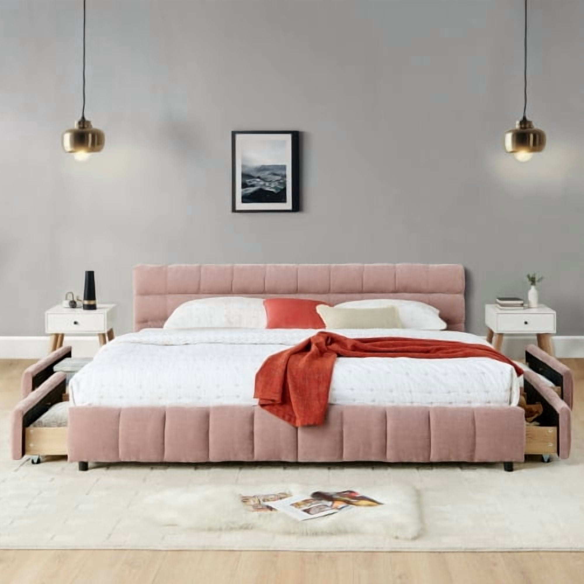 GAKMCIL California King size Bed Frame with Thick Fabric,Upholstered Bed Frame with Headboard and Solid Frame. With drawer for storage No Box Spring Needed Pink(90.5''*80.5''*31'')