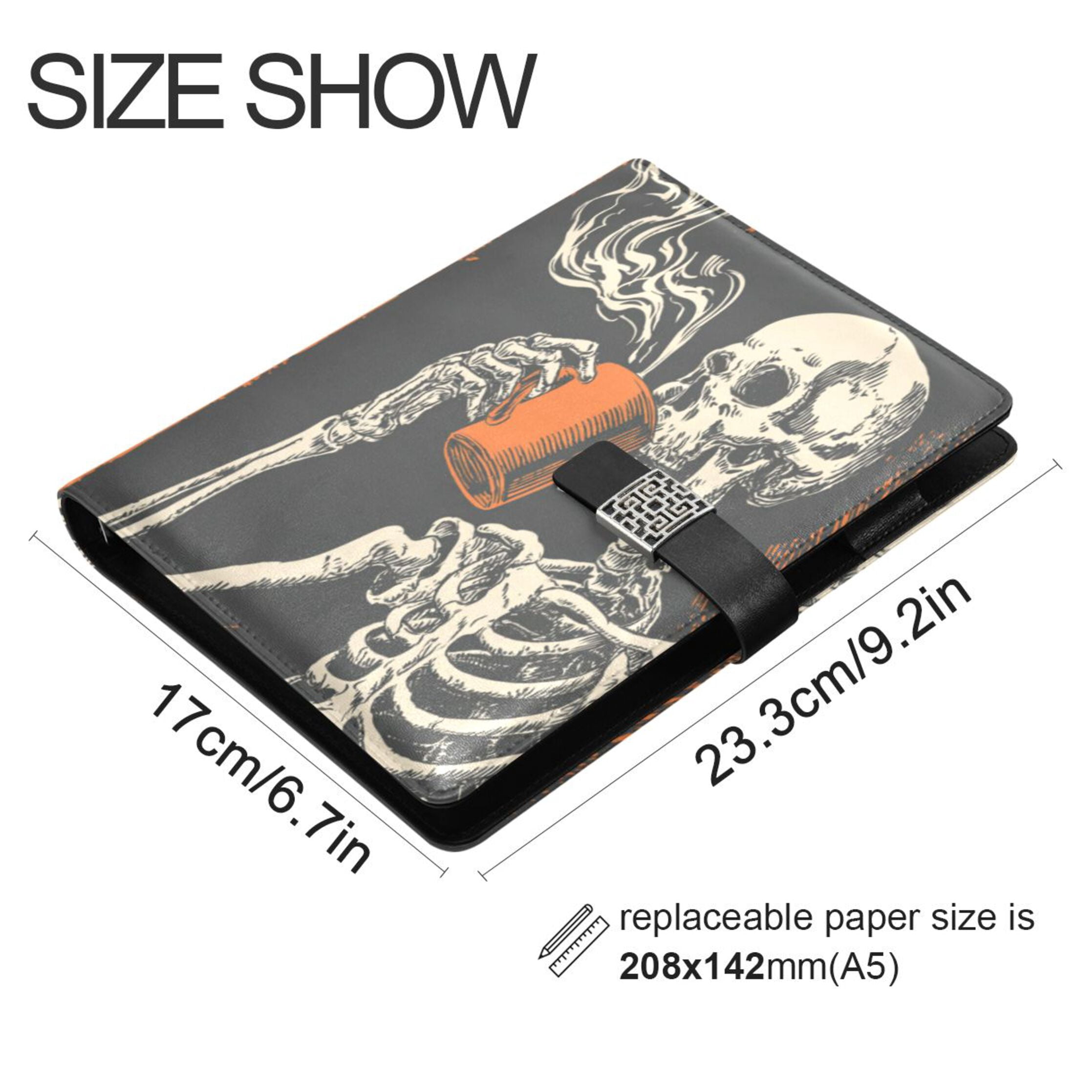 Leather Planner Leather Notebook Notebook Journal Binder Design Pen Pocket Design Convenient for Storage Skeleton Drinking Coffee Pattern